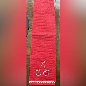 Red Cotton Waffle Weave Kitchen Dish Towel-Embroidered w/ Hearts & RickRack-